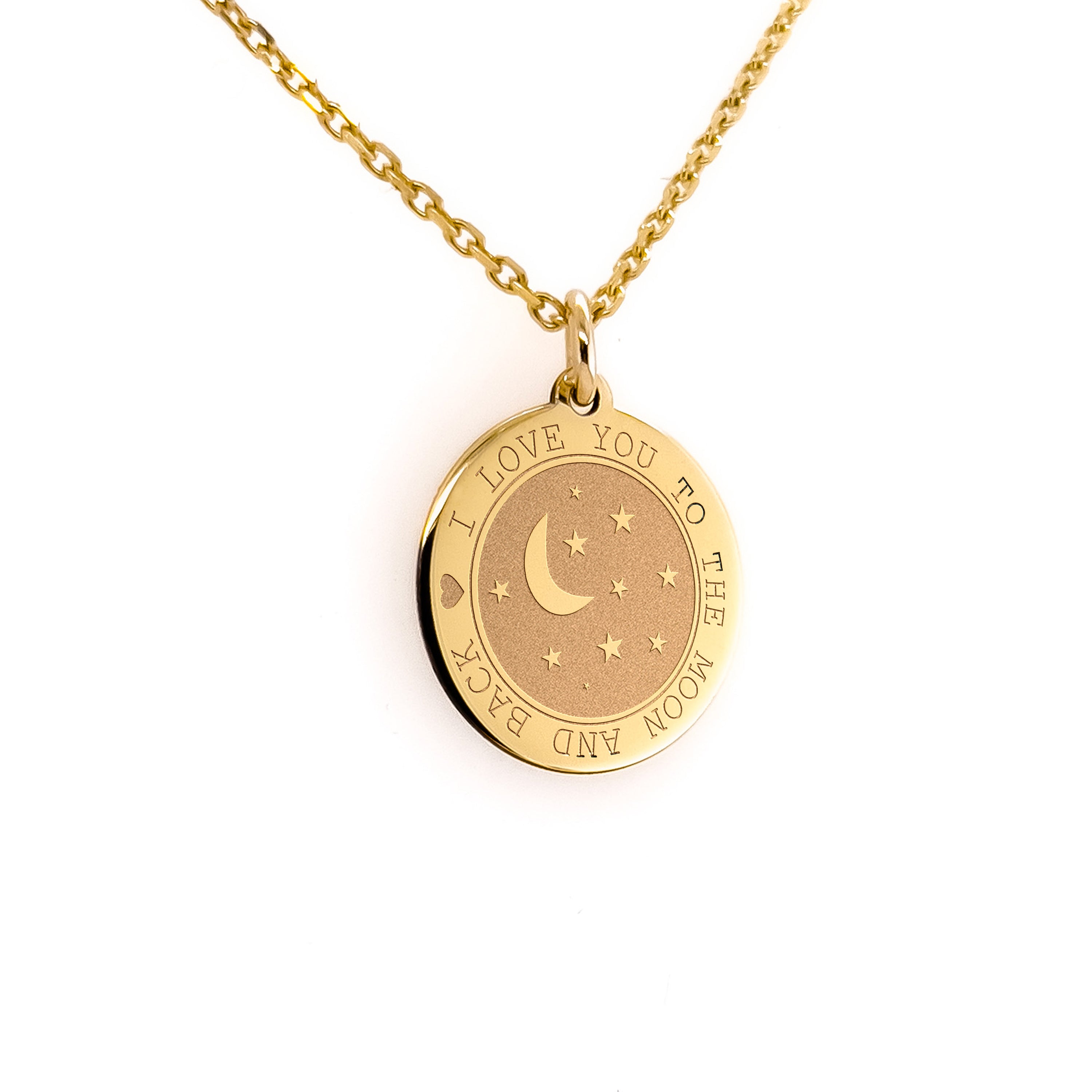 a gold necklace with a crescent and stars on it